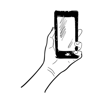Hand touchscreen sketch composition with hand drawn style image of human hands holding gadget vector illustration
