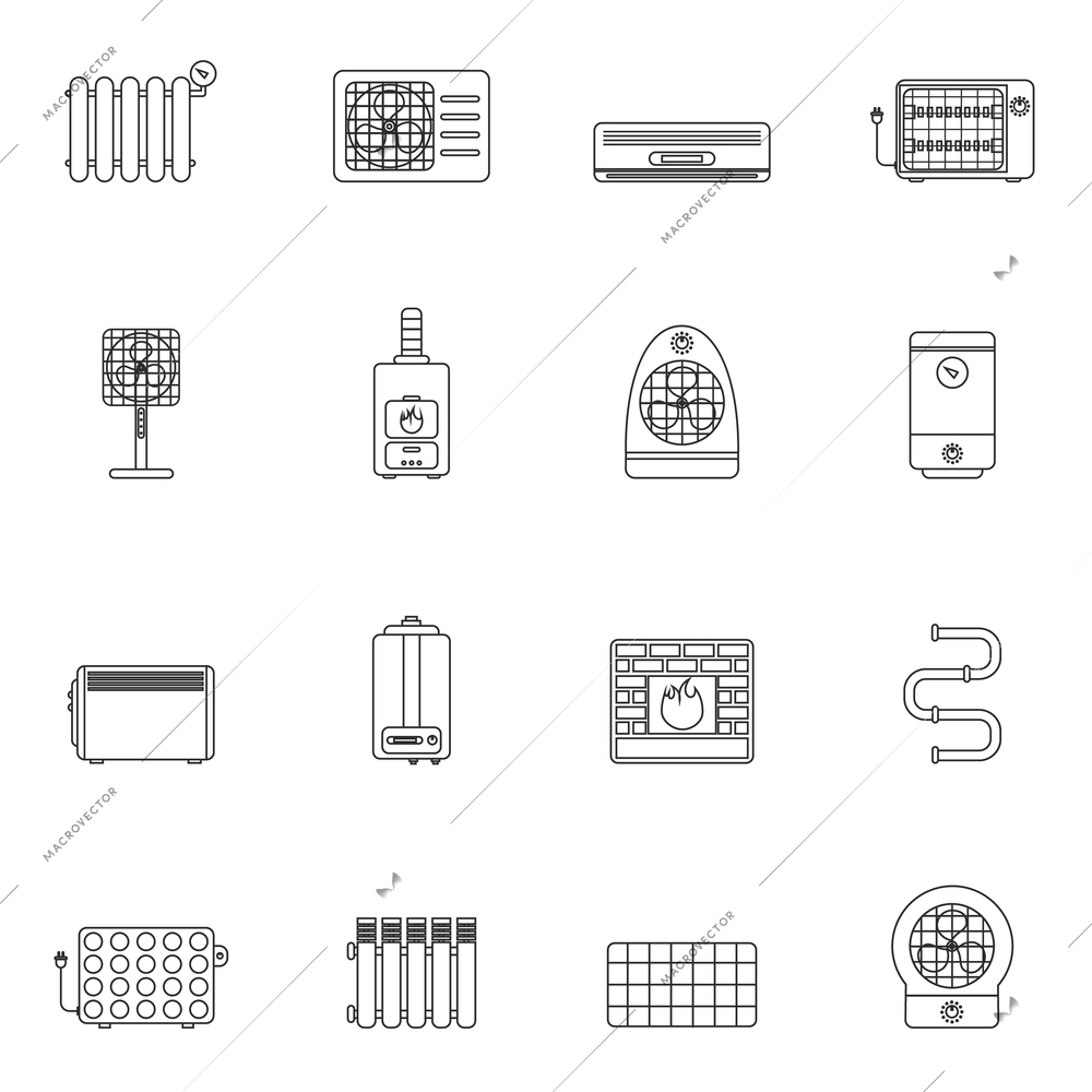 Heating and cooling system air conditioning equipment outline icon set isolated vector illustration.