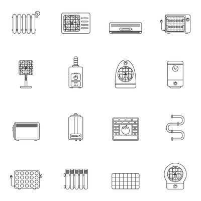 Heating and cooling system air conditioning equipment outline icon set isolated vector illustration.