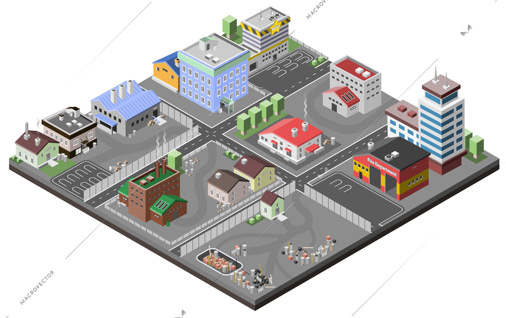 Industrial area concept with isometric plants factories police station and fire department buildings vector illustration