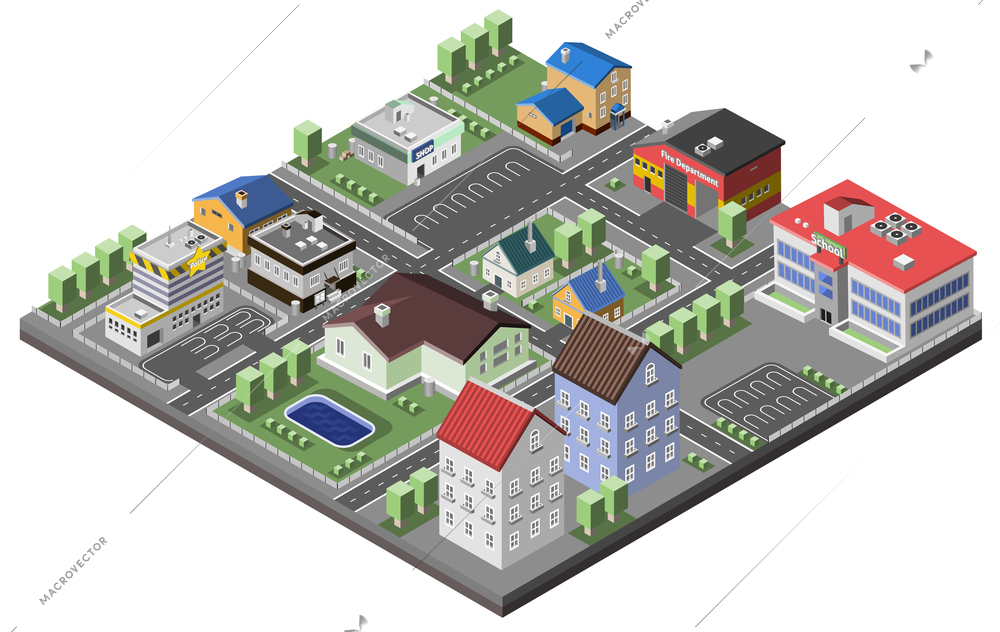 Suburban concept with house apartments and government buildings 3d isometric decorative icons vector illustration