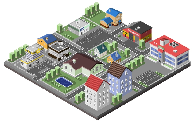 Suburban concept with house apartments and government buildings 3d isometric decorative icons vector illustration