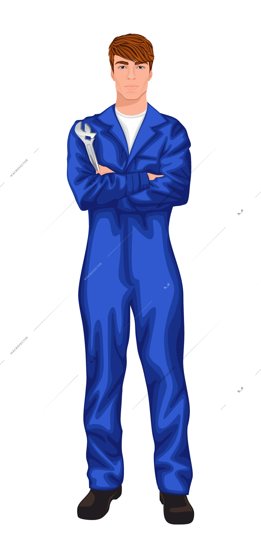 Auto mechanic composition with character of young man with wrench in uniform vector illustration