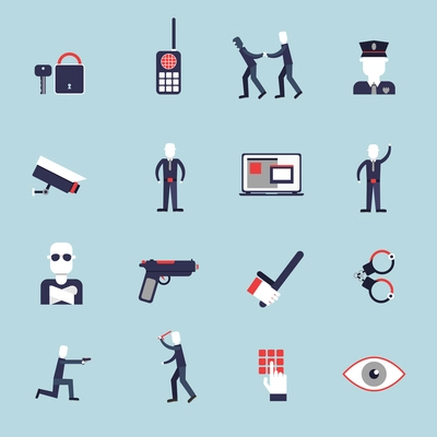 Security guard flat icons set with surveillance camera handcuffs guard isolated vector illustration