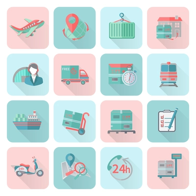 Logistic chain cargo global export freight shipping icons flat set isolated vector illustration.