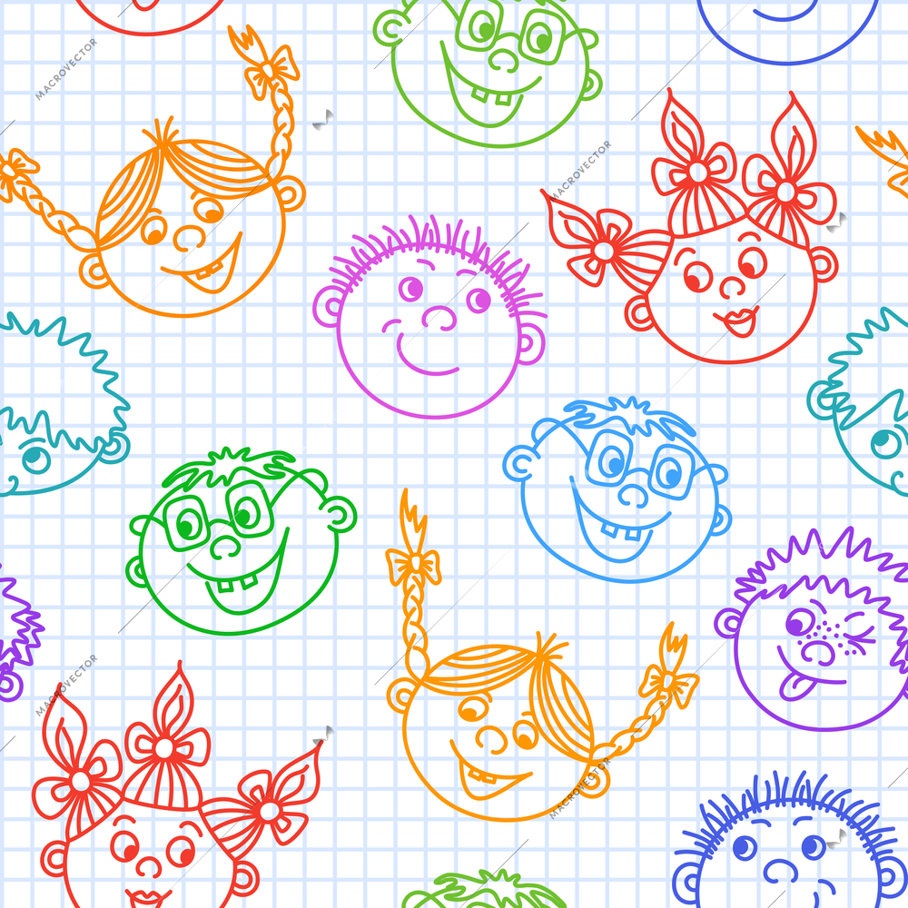 Seamless doodle smiling kids faces pattern vector illustration