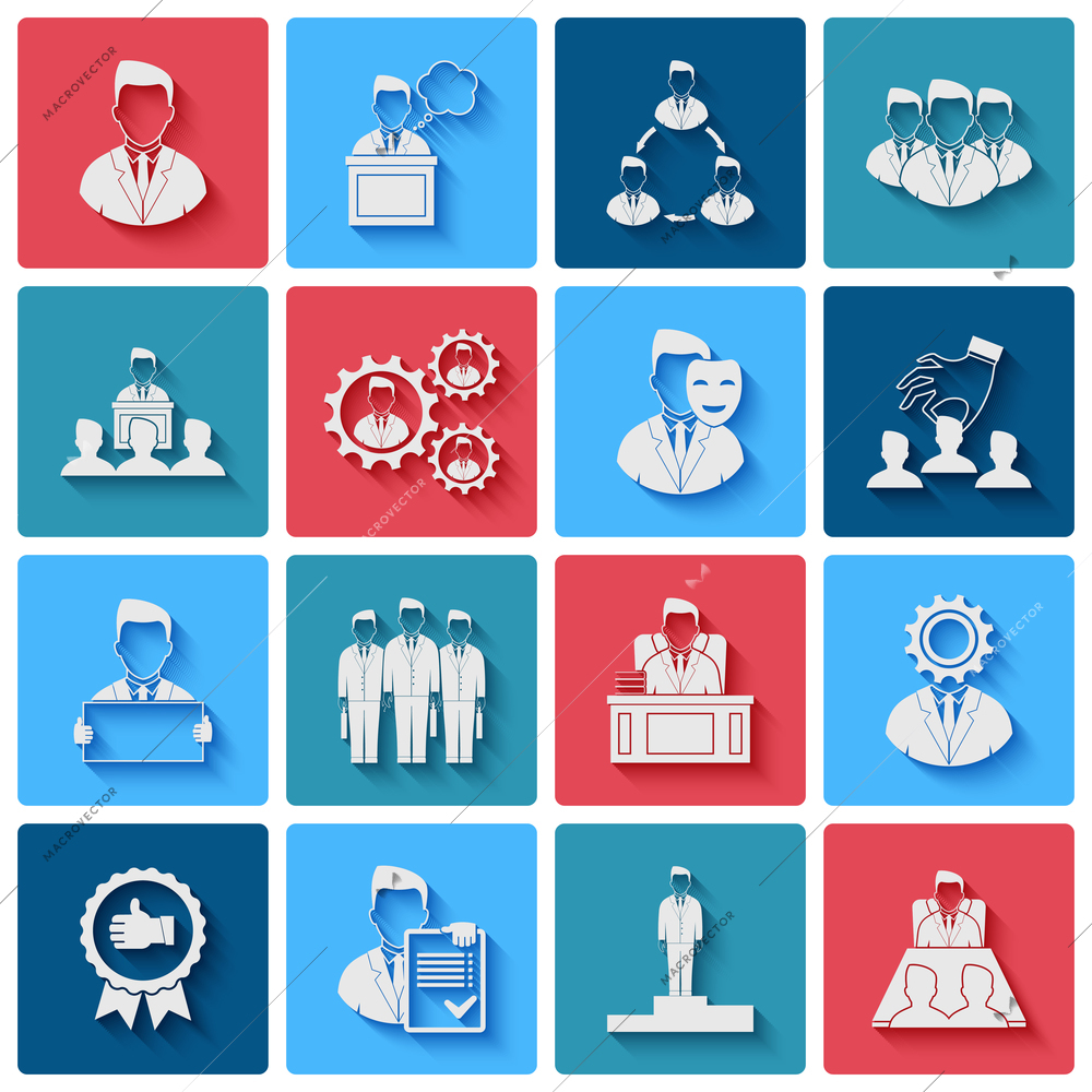 Executive employee people manager silhouettes leadership and teamwork white icons set isolated vector illustration