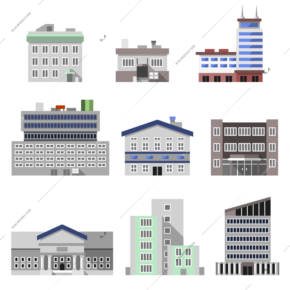 Business modern urban office buildings flat decorative icons set isolated vector illustration