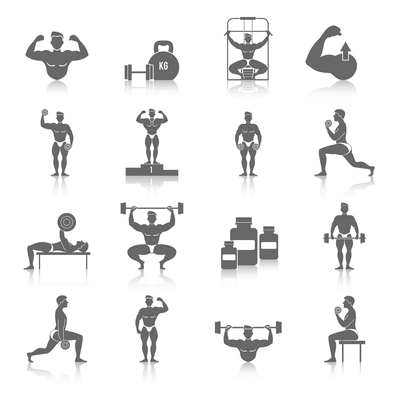 Bodybuilding muscle exercise fitness gym black icons set isolated vector illustration