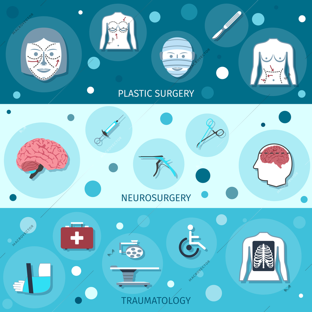 Medical surgery banners set with plastic neurosurgery traumatology isolated vector illustration