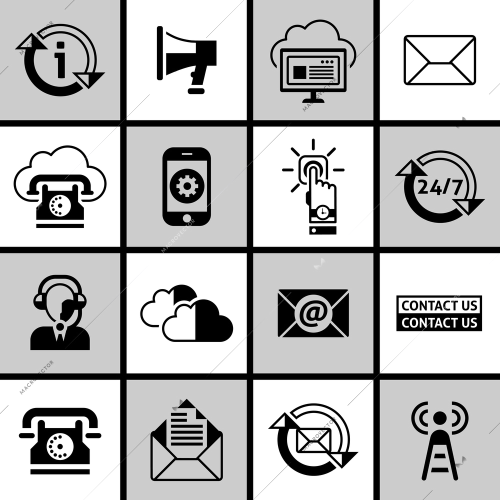 Contact us phone customer service guide buttons black and white icons set isolated vector illustration