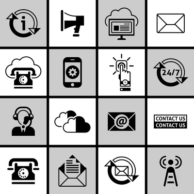 Contact us phone customer service guide buttons black and white icons set isolated vector illustration