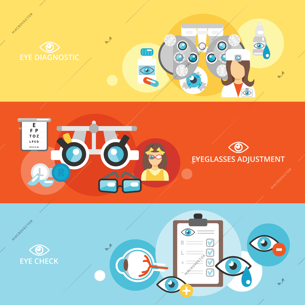 Oculist flat banner set with eye check diagnostics eyeglasses adjustment isolated vector illustration