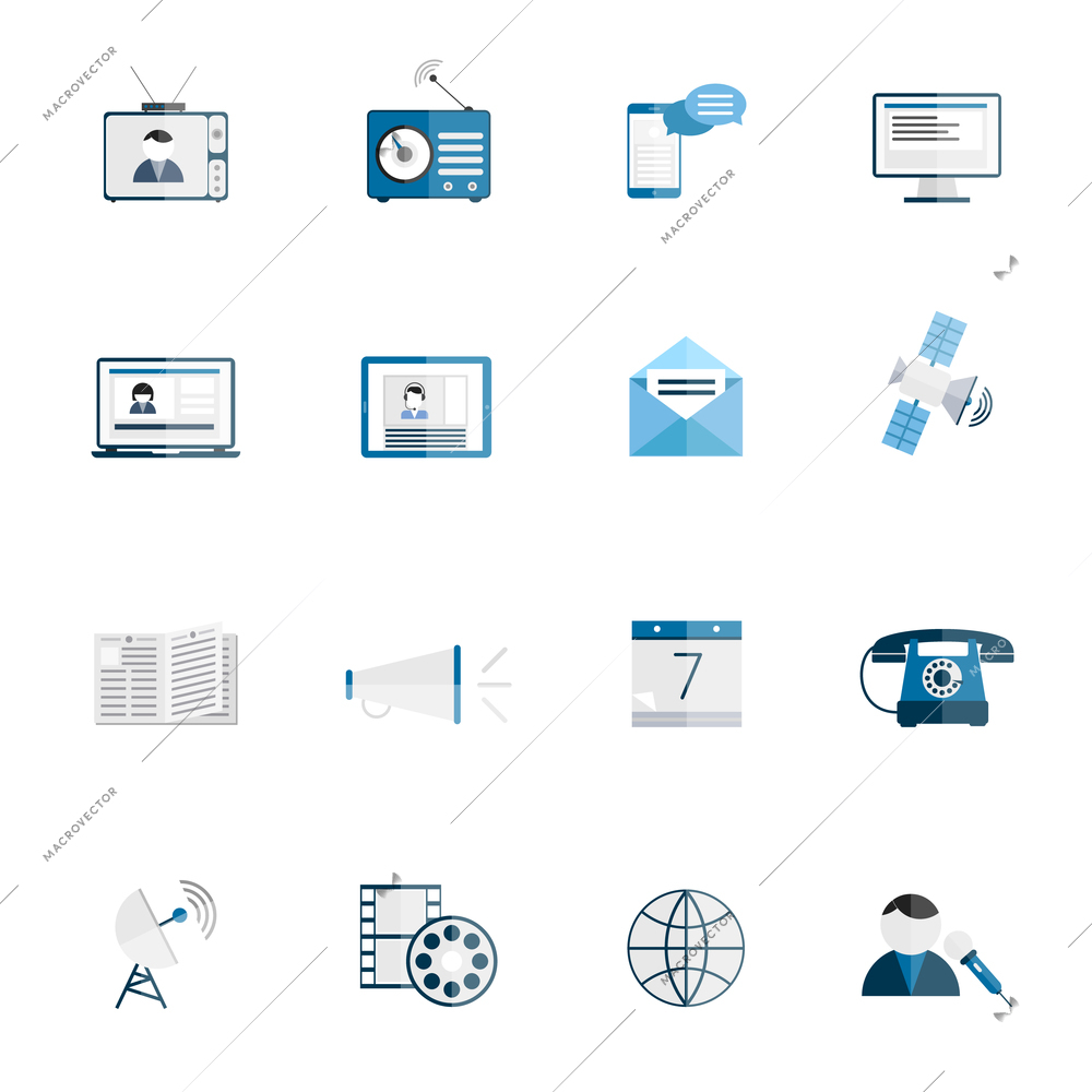 Media communication icons flat set of tv radio blog internet news isolated vector illustration