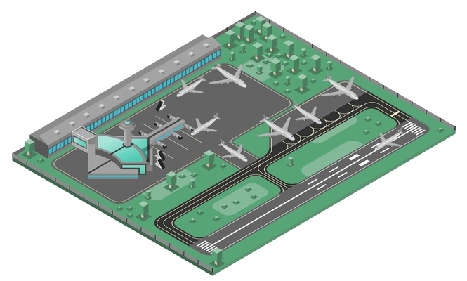 Airport isometric concept with airplanes runway and infrastructure icons set vector illustration