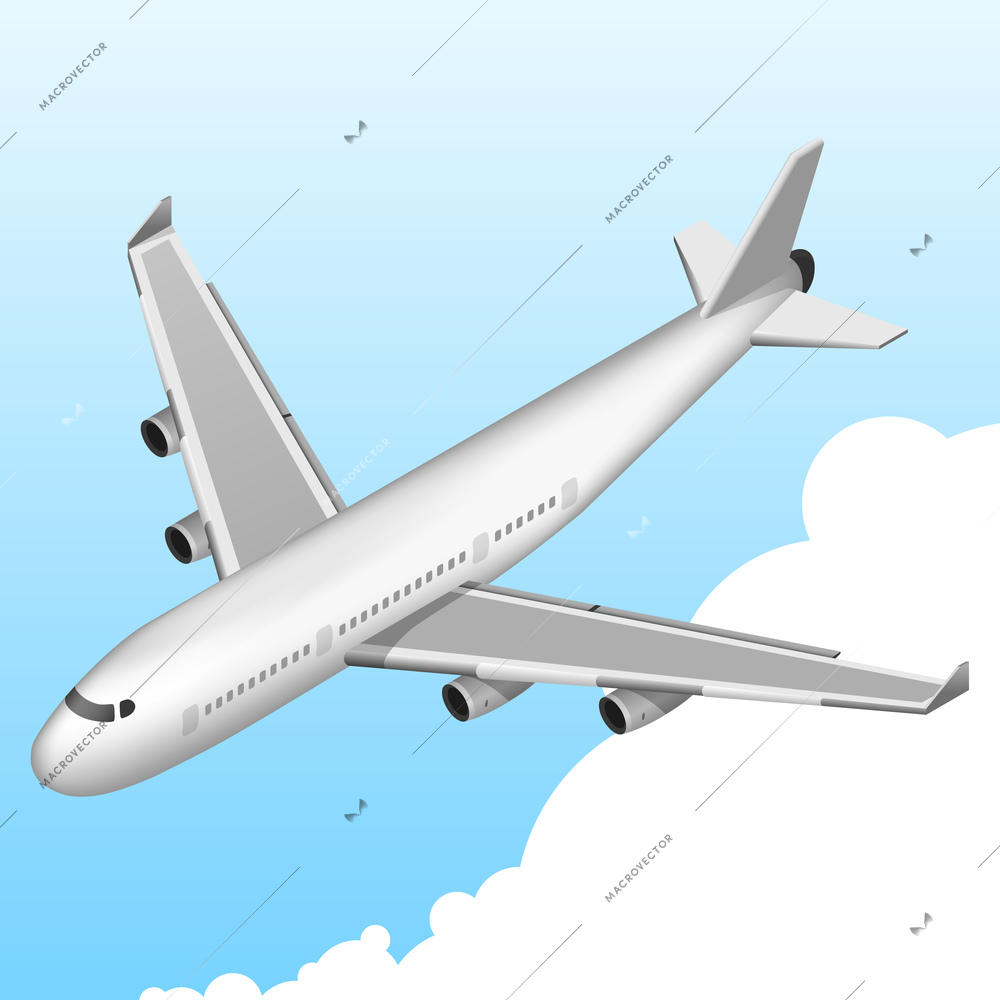 Airplane 3d isometric decorative icon on sky background vector illustration