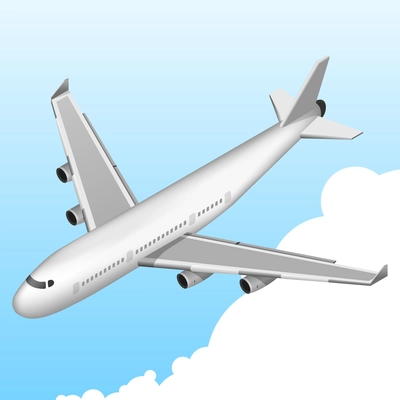 Airplane 3d isometric decorative icon on sky background vector illustration