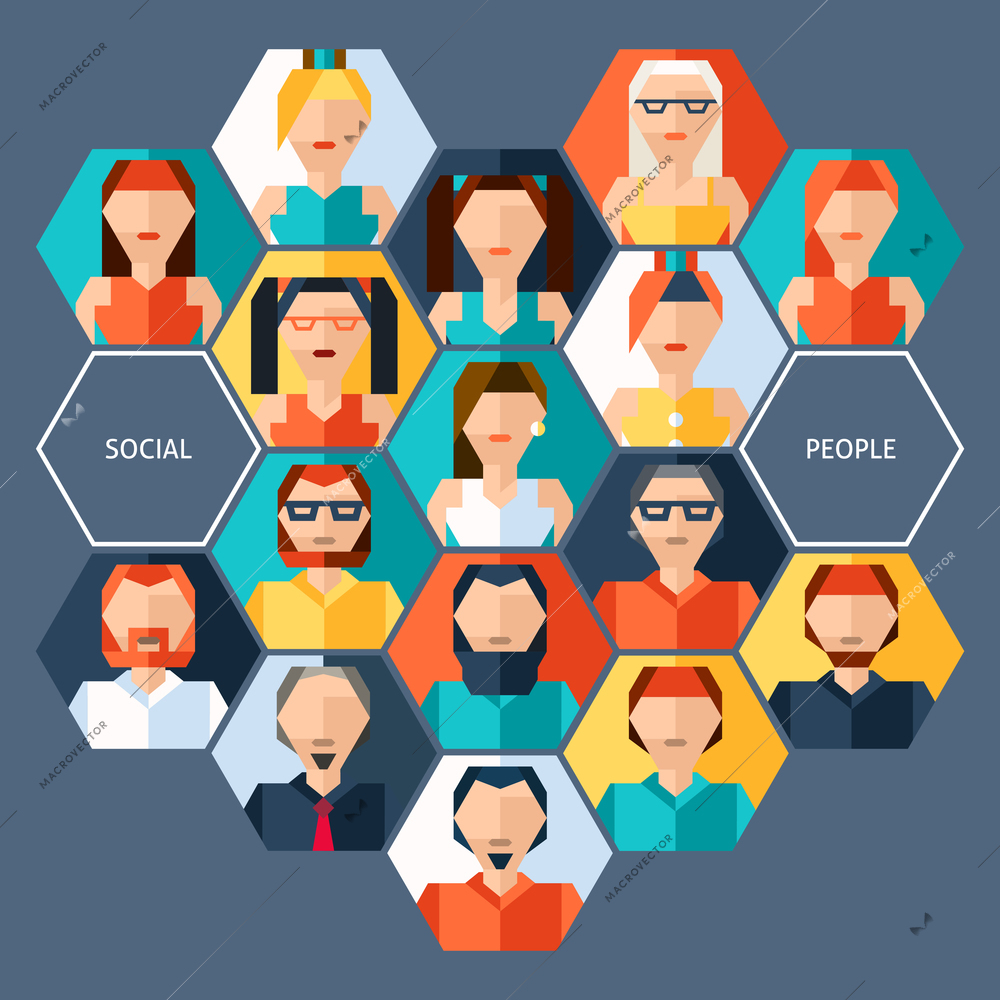 Avatars hexagon concept with social male and female people pixel characters vector illustration