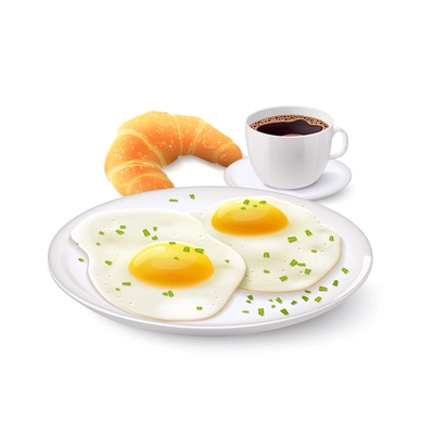 Breakfast realistic set with cup of coffee croissant and fried egg on plate vector illustration