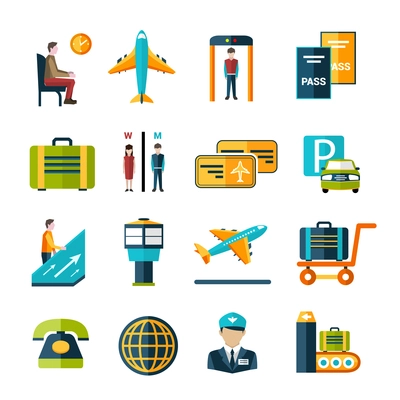 Airport icon set with waiting lounge luggage cart passport control symbols isolated vector illustration