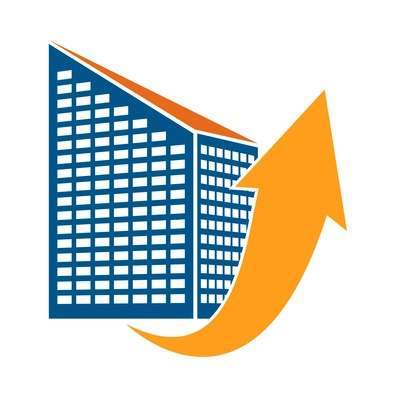 Buildings and arrows composition with colorful icon of modern business center with arrow vector illustration