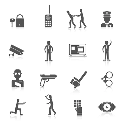 Security guard black icons set with safety officer weapon prisoner isolated vector illustration