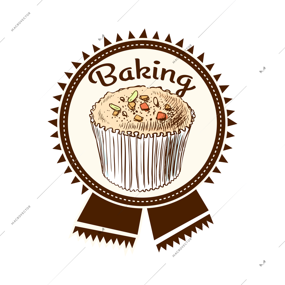 Pastry label composition with baked food emblem with frames ribbons and text vector illustration