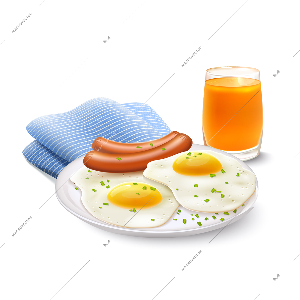 Breakfast food realistic set with orange juice fried eggs with sausage and napkin vector illustration