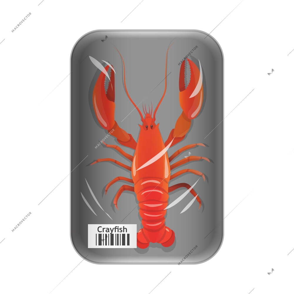 Supermarket fish and meat composition with frozen fresh package with barcode on blank background vector illustration