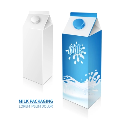 Milk box carton 3d branded package and blank cardboard set isolated vector illustration