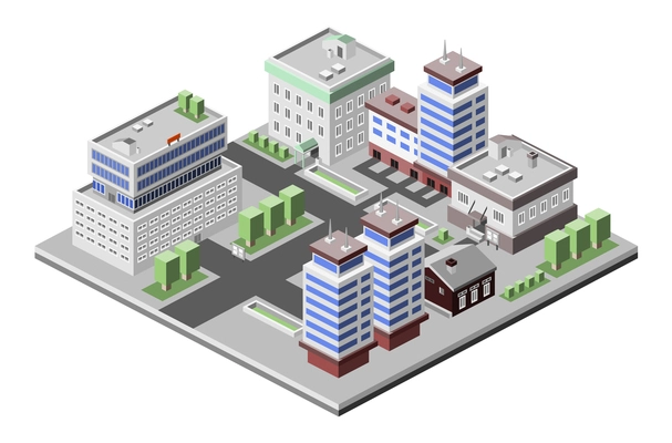 Business center modern 3d urban city office buildings decorative icons set isometric vector illustration