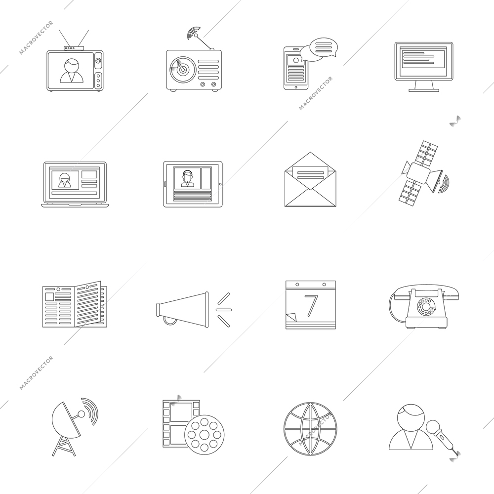 Media communication icons outline set of television internet technology network isolated vector illustration.