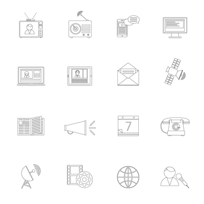 Media communication icons outline set of television internet technology network isolated vector illustration.