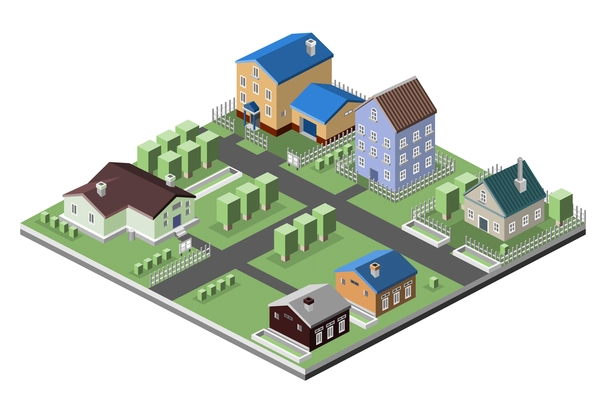 Residential house 3d buildings isometric neighborhood real estate concept vector illustration