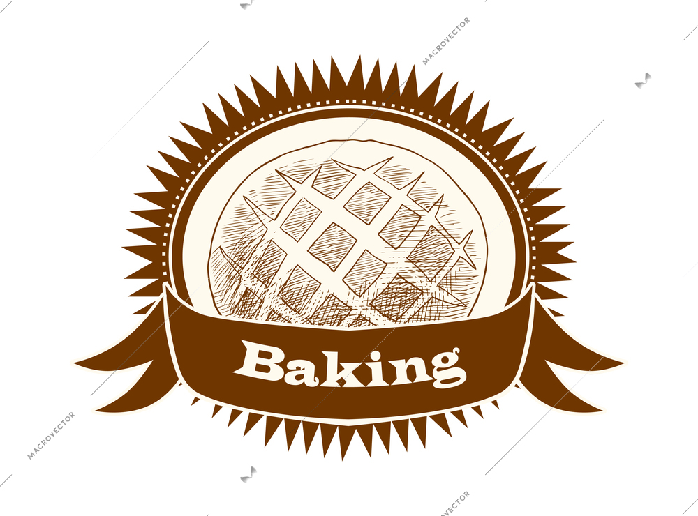 Pastry label composition with baked food emblem with frames ribbons and text vector illustration