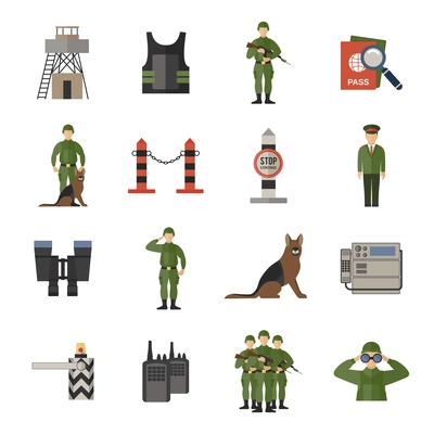 Border guard icons flat set with passport check dog guard soldier isolated vector illustration