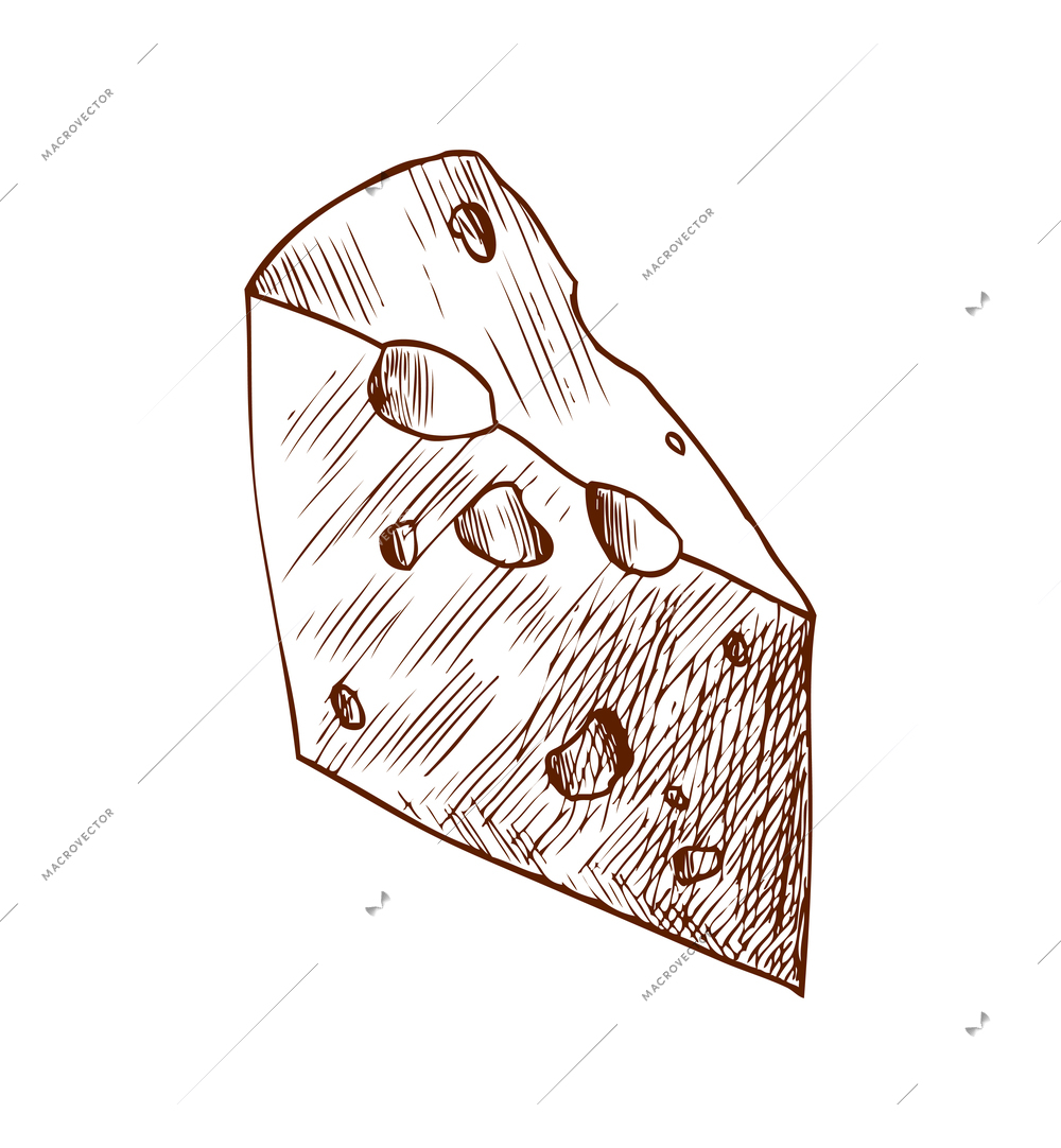 Cheese sketch composition with isolated colorful image of food piece with cross hatching vector illustration