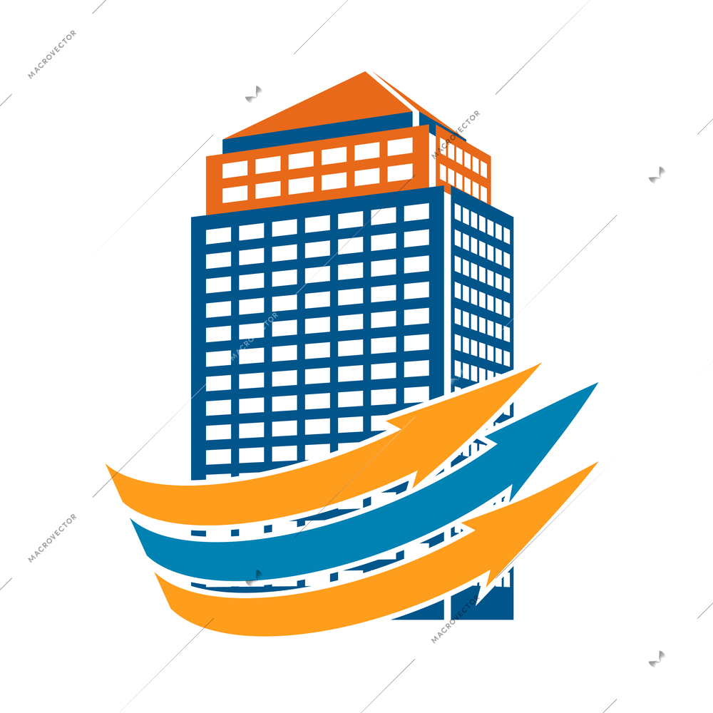 Buildings and arrows composition with colorful icon of modern business center with arrow vector illustration