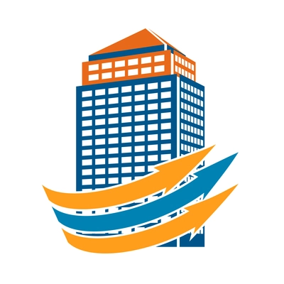 Buildings and arrows composition with colorful icon of modern business center with arrow vector illustration