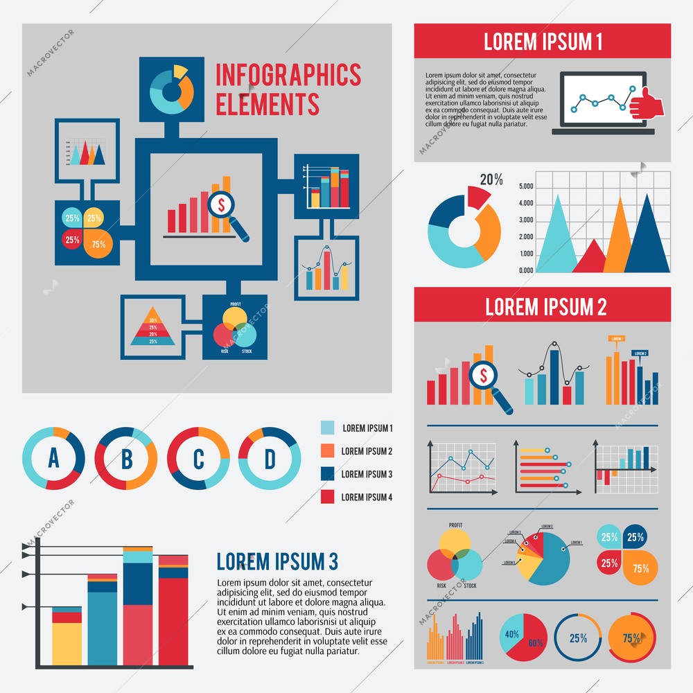 Business data financial report infographics elements set with dot bar pie charts diagrams and graphs isolated vector illustration