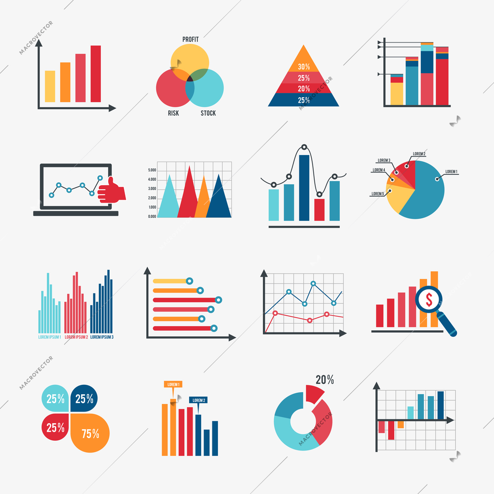 Business data market elements dot bar pie charts diagrams and graphs flat icons set isolated vector illustration.