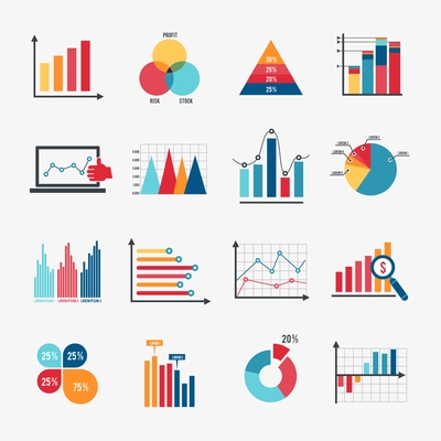 Business data market elements dot bar pie charts diagrams and graphs flat icons set isolated vector illustration.