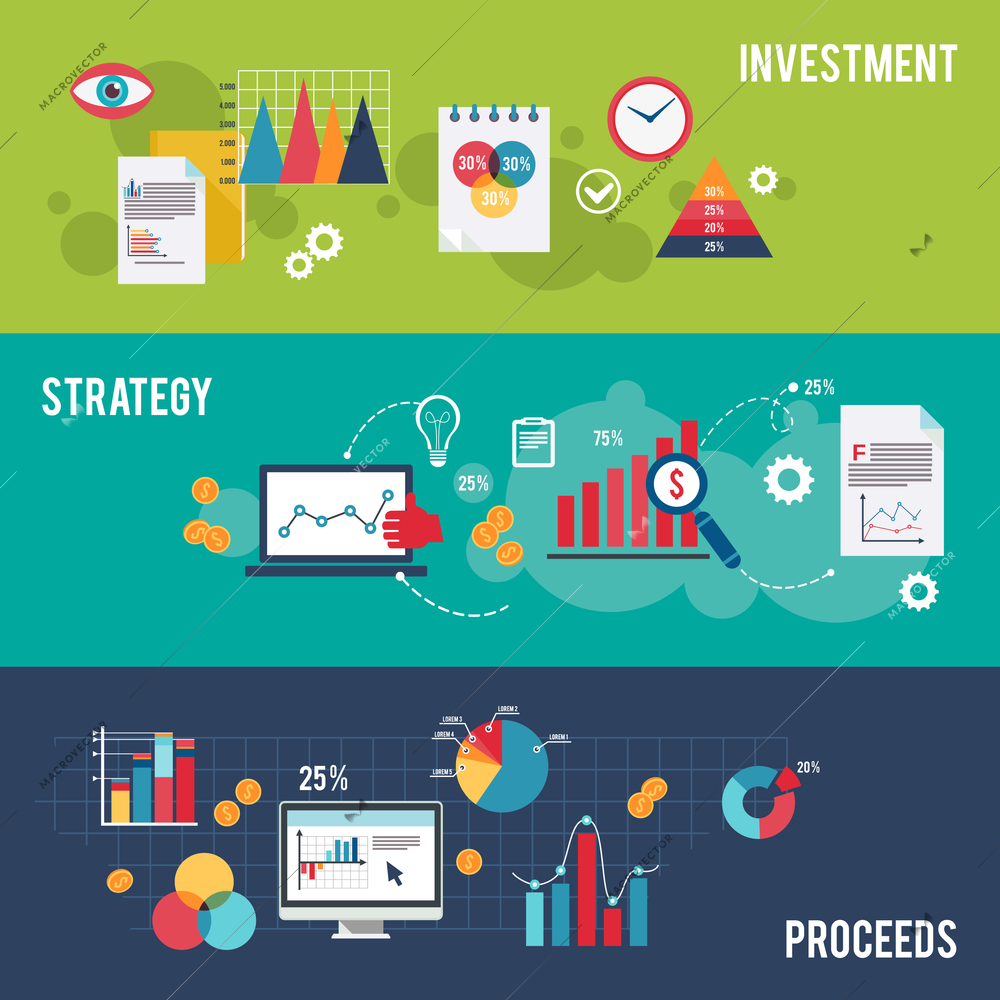 Business flat banner set with investment strategy proceeds charts isolated vector illustration