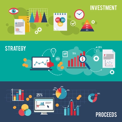 Business flat banner set with investment strategy proceeds charts isolated vector illustration