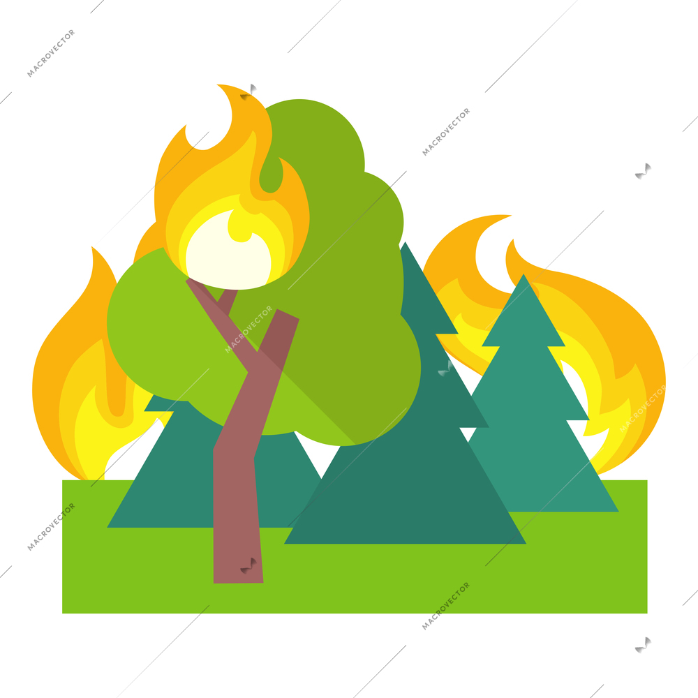 Fire protection composition with isolated accident icon and burning flame on blank background vector illustration