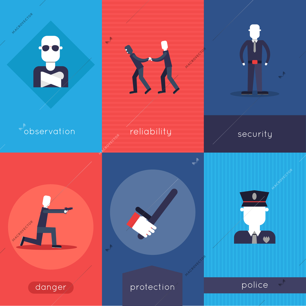 Security guard mini poster set with observation reliability security danger protection police isolated vector illustration