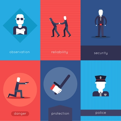 Security guard mini poster set with observation reliability security danger protection police isolated vector illustration