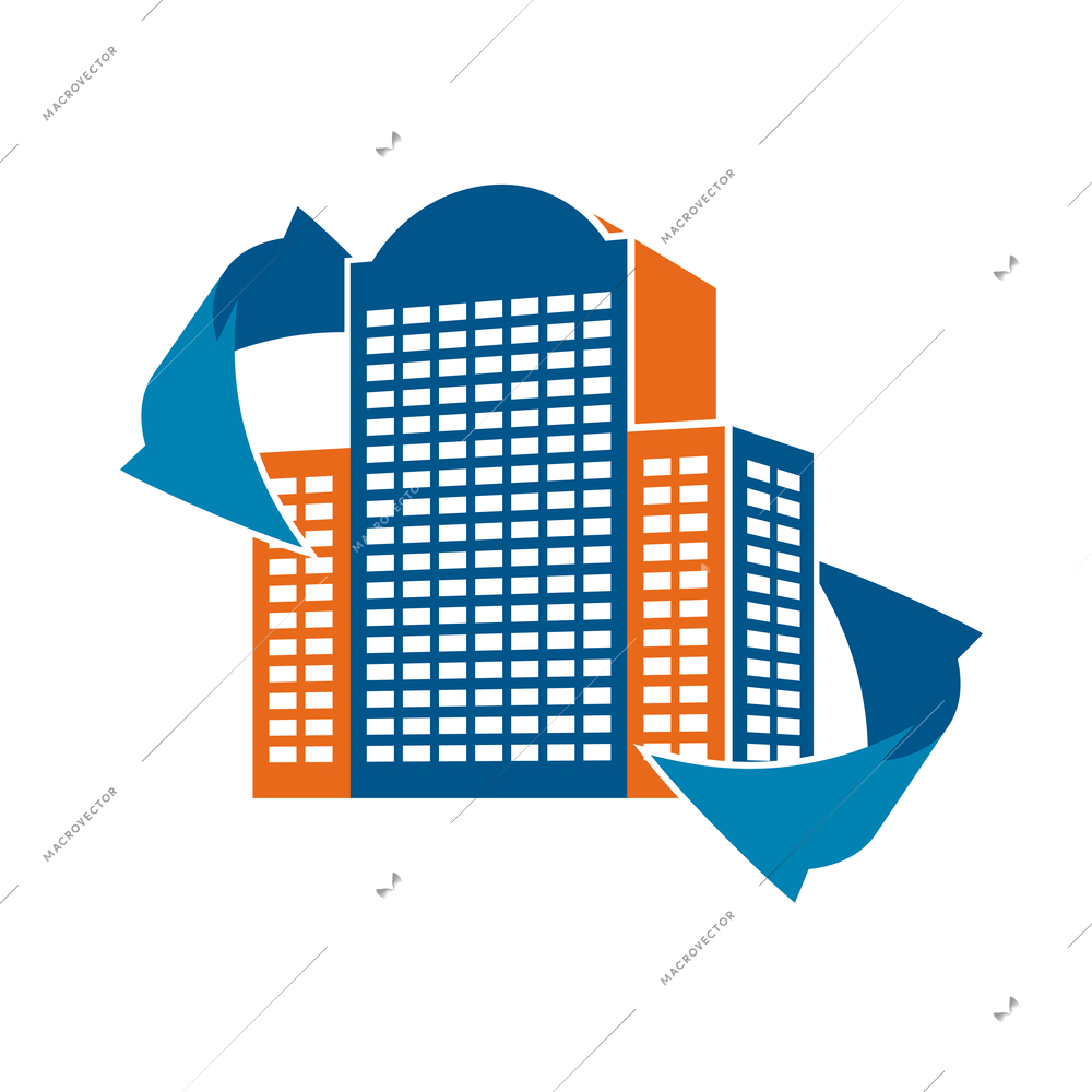 Buildings and arrows composition with colorful icon of modern business center with arrow vector illustration