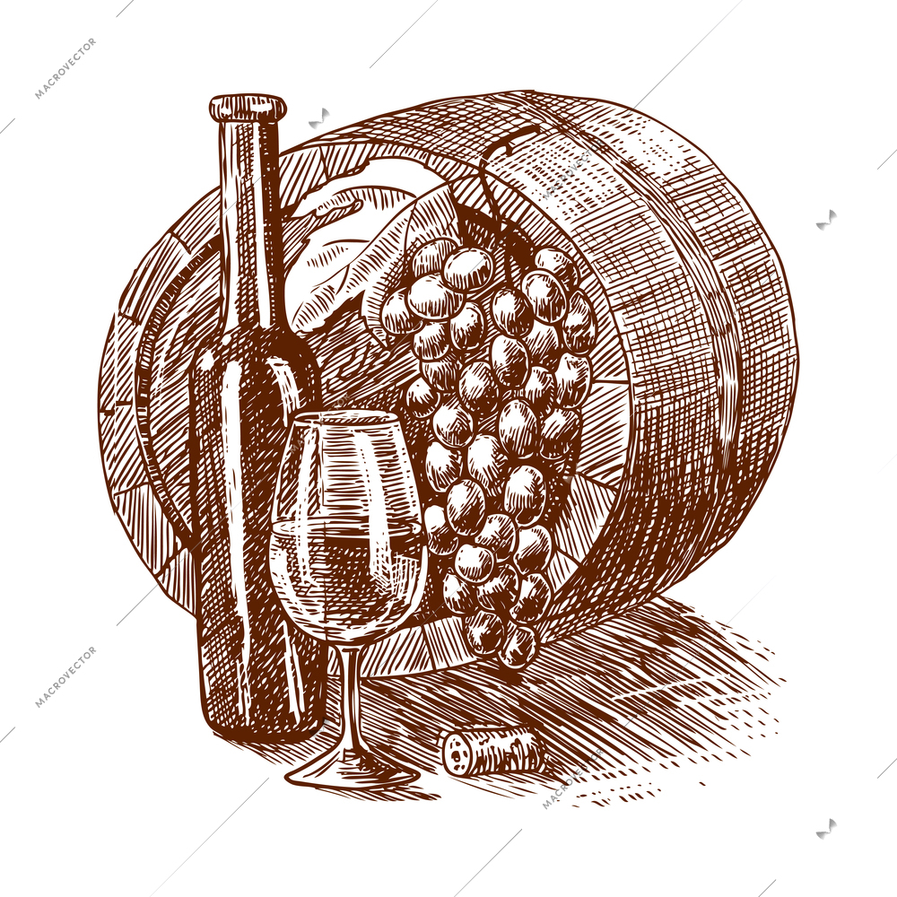 Wine sketch composition with vintage hand drawn style monochrome image vector illustration