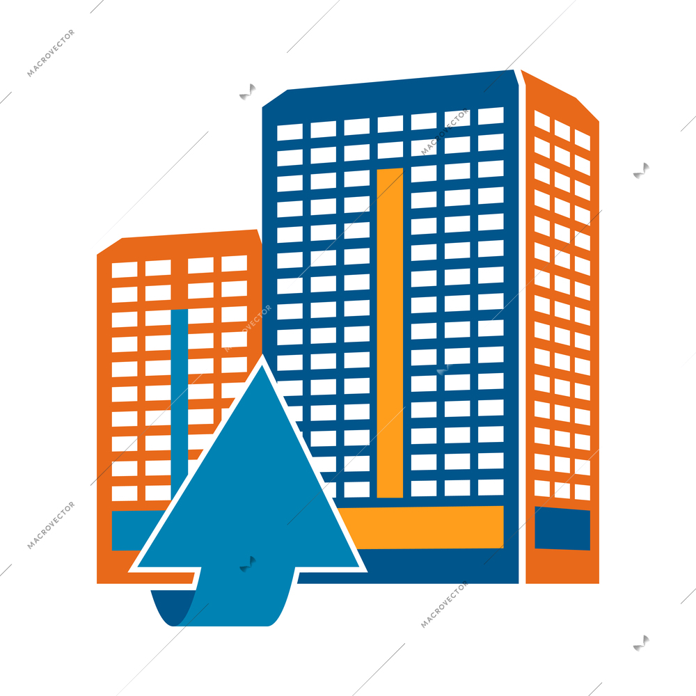 Buildings and arrows composition with colorful icon of modern business center with arrow vector illustration